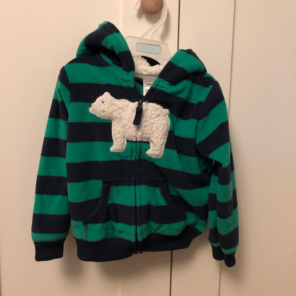 Green/blue striped zip up hoodie with bear